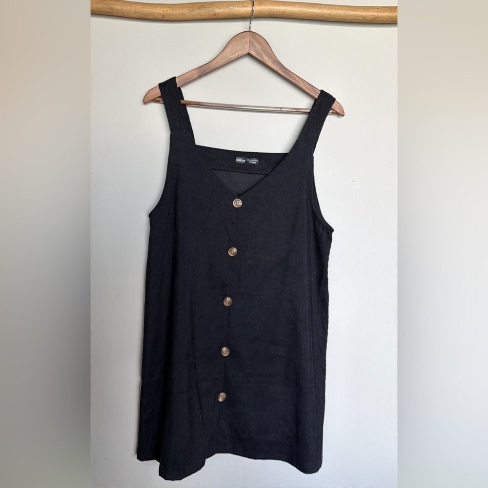 Black Button Front Mini Dress Sleeveless Shift Textured Size L